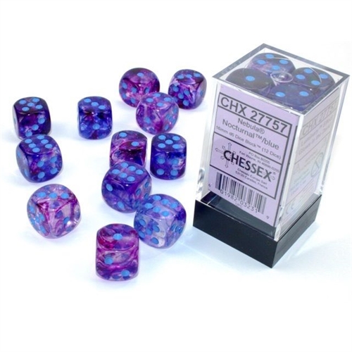 Nebula Nocturnal and blue (Glow in the dark) 16mm d6 Dice block (12 Dice) - Roleplaying dice - Chessex